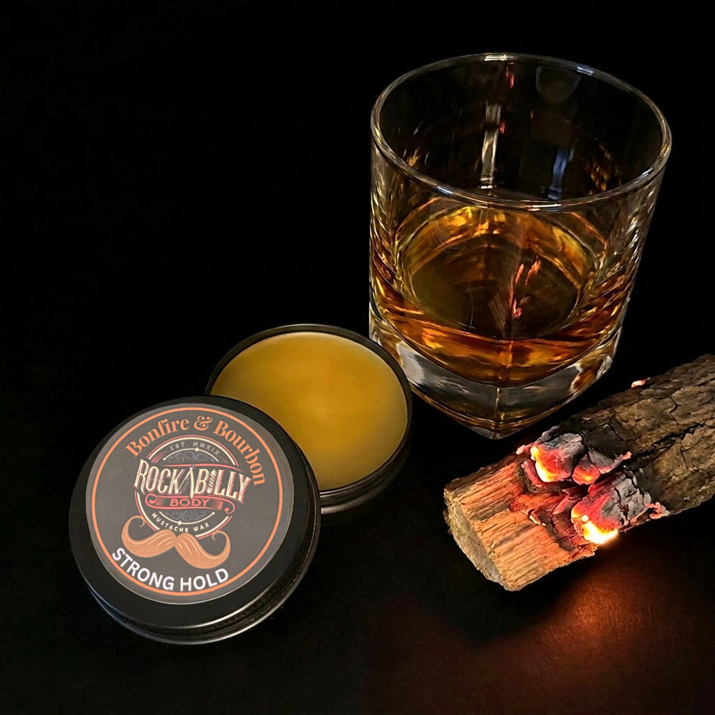 Bonfire & Bourbon Mustache Wax — Strong Hold | Smoky Whiskey & Wood | 1oz Handcrafted Tin